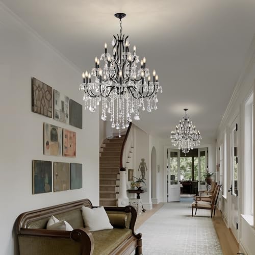 French Country Antique Black Iron Crystal Chandelier