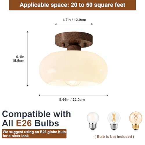 Mid Century Modern Faux Walnut Wood Semi Flush Ceiling Light 8.66 Inch