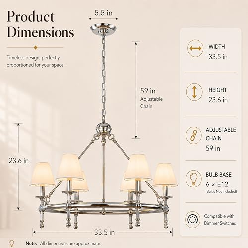 6 Lights W34in Polished Nickel and White Pleated Fabric Chandeliers for Dining Room Mid Century Modern Large Round Chandeliers for Classic Living Room
