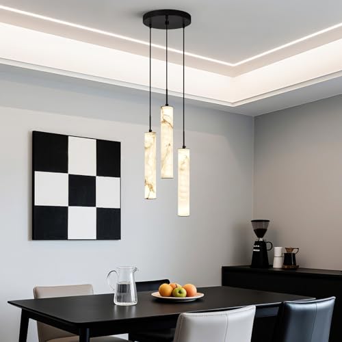 Natural Alabaster Pendant Lights for Kitchen Island White Marble Long Tube Chandelier 4000K Modern Black Ceiling Light Fixtures for Bedroom Dining Room Living Room Hallway