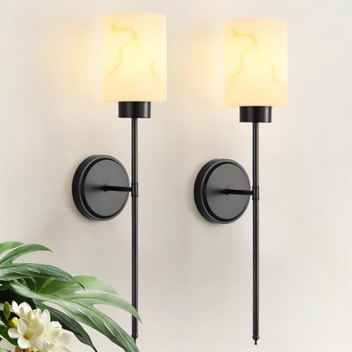 Black Wall Sconces Set of 2 with Marble Glass Shade