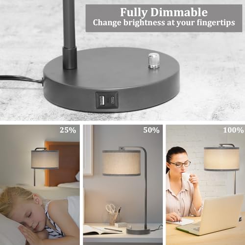 Gray Bedside Lamp with USB C+A Ports
