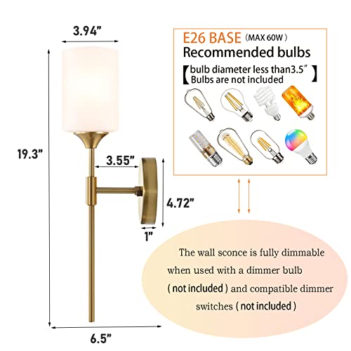Gold Wall Sconce Set of 2 with White Cylinder Glass Shades Modern Mid Century Bathroom Vanity Wall Light Fixtures Industrial Brushed Brass Wall Lamp for Bedroom Mirror Living Room Restaurant (2 Count)