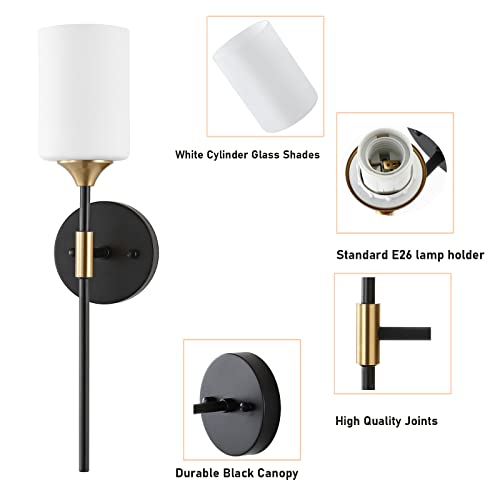 Industrial Mid Century Wall Sconce Set of 2 with White Cylinder Glass Shades Modern Bathroom Vanity Wall Lamp Black and Gold Finished Wall Light Fixture (2 Count)