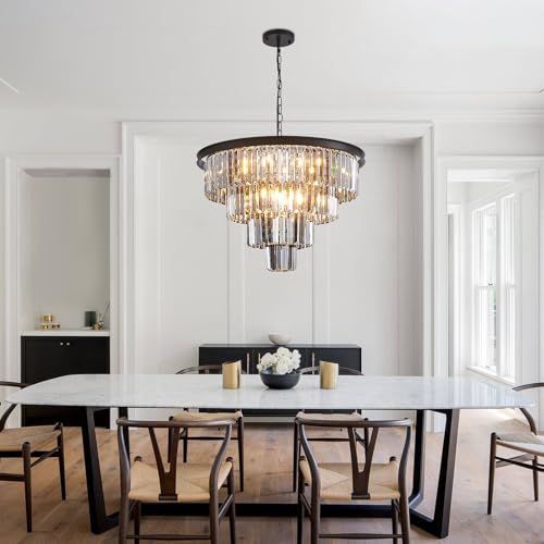 24'' Smoke Gray Crystal Chandelier Black Modern Luxury Light Fixture for Dining Room 4