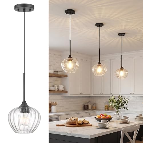 Black Pendant Lights Kitchen Island with Ribbed Glass Shade (2 Count)