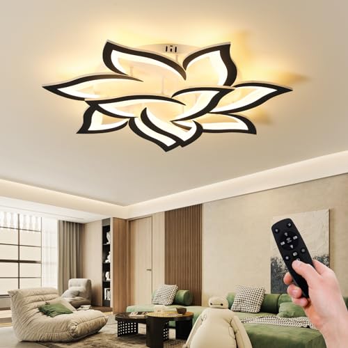 31.5" Black Flower Shaped Ceiling Light 10 Petals Dimmable Modern Ceiling Lamp Remote Control LED Lighting Fixture for Living Room Bedroom Dining Room