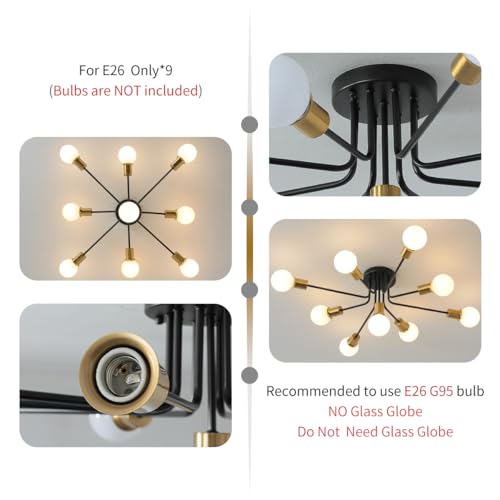 9 Lights Semi Flush Mount Ceiling Light Fixture Black and Gold