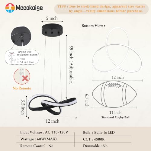 LED Chandelier Modern Pendant Light Fixture Simple Irregular Streamline Ring Light Black with 4500K and 59in Height Adjustable Hanging Lamp for Kitchen Island Hallway Foyer Closet Corridor