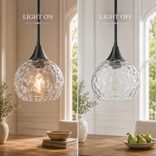 Modern Black Pendant Lights 2 Pack with Hammered Glass for Kitchen Sink (2 Count)