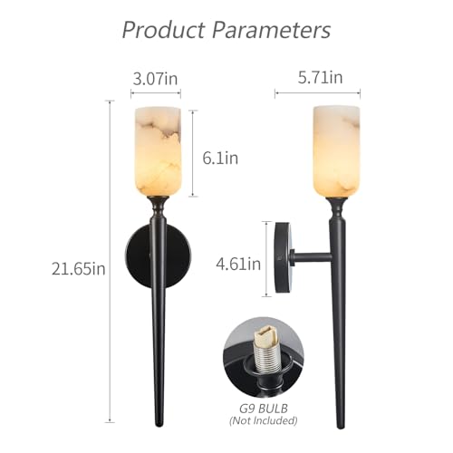 Natural Alabaster Wall Sconce Modern Black Wall Sconces Set of Two Bathroom Sconce Wall Decor Antique Marble Sconces Wall Lighting for Bedroom Living Room Entryway Hallway Staircase (2 Count)