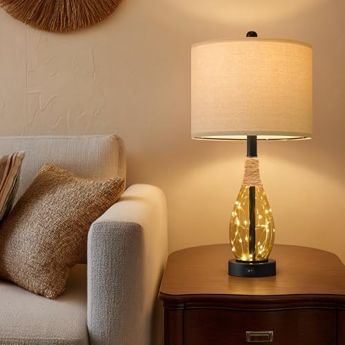 23" Table Lamps for Living Room Set of 2 Bedside Lamps for Night Stands Bedroom Lamps Farmhouse Rattan Boho Lamp Glass Nightlight End Table Lamp