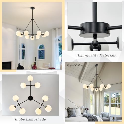 Modern 40" 9 Light Black Sputnik Chandelier with Milk Glass Globe