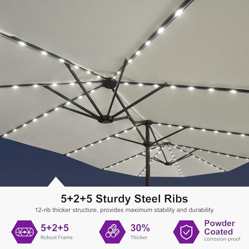Patio Umbrella 14ft with Base and Solar Lights Outdoor