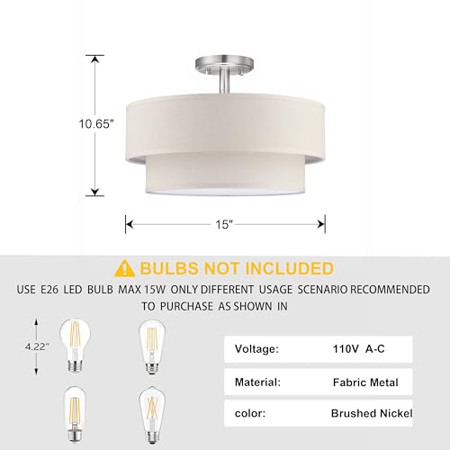 3 Light 15" Cream Fabric Brushed Nickel Semi Flush Mount Close to Ceiling Light Fixture