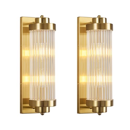 Gold Wall Sconces Set of Two with Crystal Glass Strip Bathroom Sconces Modern Wall Lights for Bedroom Living Room Hallway Wall Light Fixtures (2 Count)