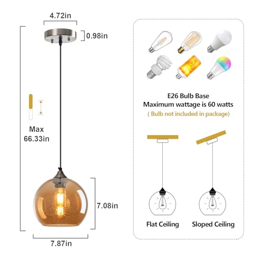 Amber Glass Pendant Lights Kitchen Island Lighting Globe Pendant Light Fixtures Modern Pendant Lighting for Bedroom Living Dining Room Light Fixture (3 Count)