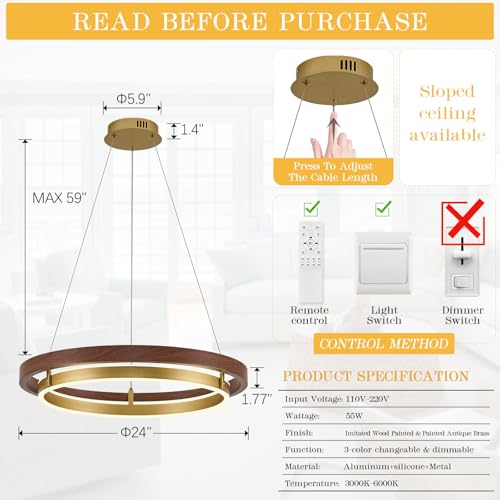 LED 2 Ring Brass Gold Chandelier Dimmable Up Down Light Gold Walnut Wood