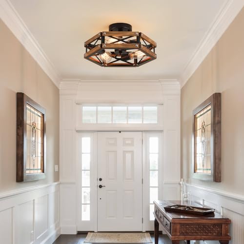 2 Pack 3 Light Rustic Farmhouse Wood Flush Mount Ceiling Light Fixture Oak Wood and Metal Cage Semi Flush Mount Ceiling Light for Hallway Hall Entry Bedroom Kitchen Farmhouse (2 Count)