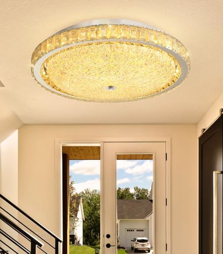 19.6" Modern Crystal Chandelier Dimmable LED Flush Mount Ceiling Light with Remote Control for Living Room Dining Room Bedroom Hallway Foyer Silver