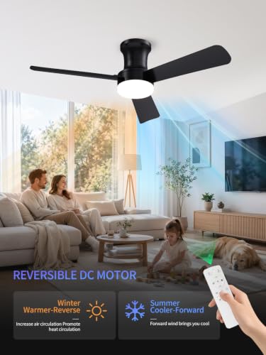 42 Inch Black Low Profile Ceiling Fan with Light and Remote (Black-3 / 42 Inch)