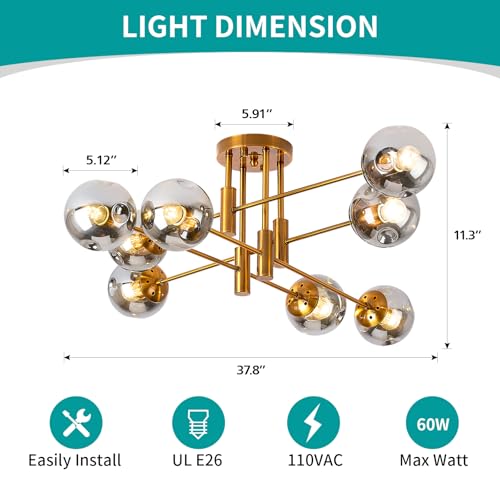 8 Lights Modern Gold Sputnik Ceiling Light Fixture for Living Room