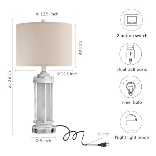 25" Set of 2 Antique White Rustic Table Lamps 2 USB C+A Ports (2 Count)