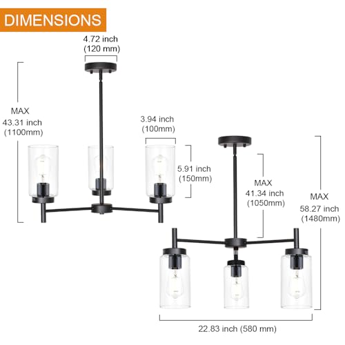 Farmhouse Chandeliers Black 3 Lights with Clear Glass Shades Modern Industrial Pendant Light Dining Room Lighting Fixtures Hanging Adjustable Wire Semi Flush Ceiling Lights