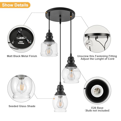 3 Light Seeded Glass Mini Pendant Lights Kitchen Island