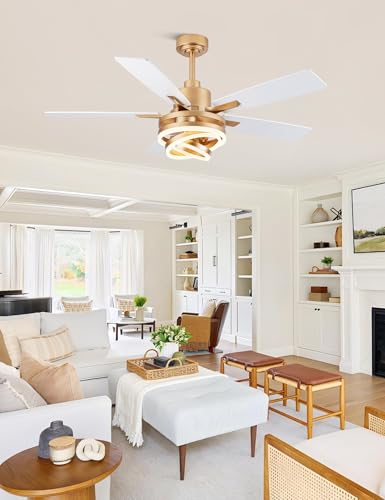 52" White and Gold Ceiling Fans with Lights Modern Chandelier Fan