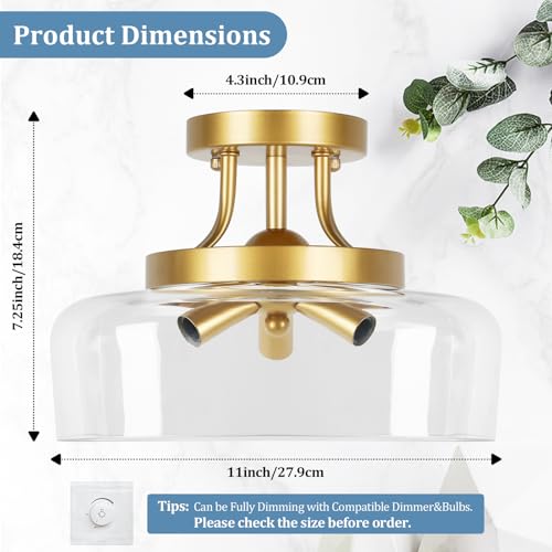 3 Light Gold Semi Flush Mount Light Fixture
