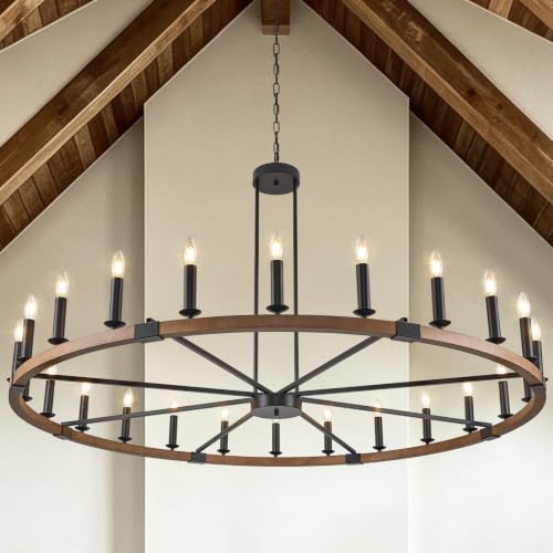 Farmhouse Wood Wagon Wheel Chandelier 24 Light Large Round Chandelier 59"