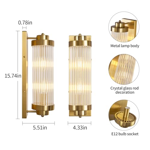 Gold Wall Sconces with Crystal Glass Strip Bathroom Sconces Modern Wall Lights for Bedroom Living Room Hallway Wall Light Fixtures