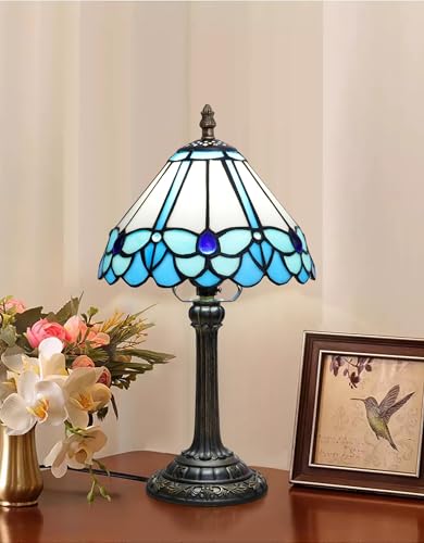 Tiffany Lamp Little Blue Butterfly Style Stained Glass Reading Lamp 8X8X14 Inch Bedroom Bedside Nightstand Night Light Home Office Desk Lamp with LED Bulb