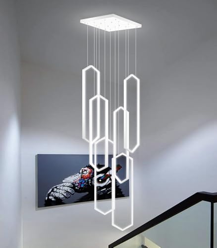 Modern Chandelier LED Dimmable Light for Staircase Living Room Entrance High Ceiling Chandeliers with Remote Control for Villa Foyer White