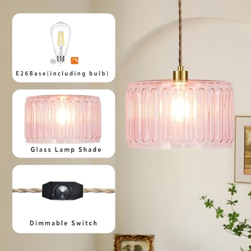 Pink Plug in Pendant Light Glass Hanging Lights with Plug in Cord Boho Hanging Lamp Gold Mid Century Modern Vintage Dimmable Flower Plug in Chandelier Ceiling Fixture for Living Room