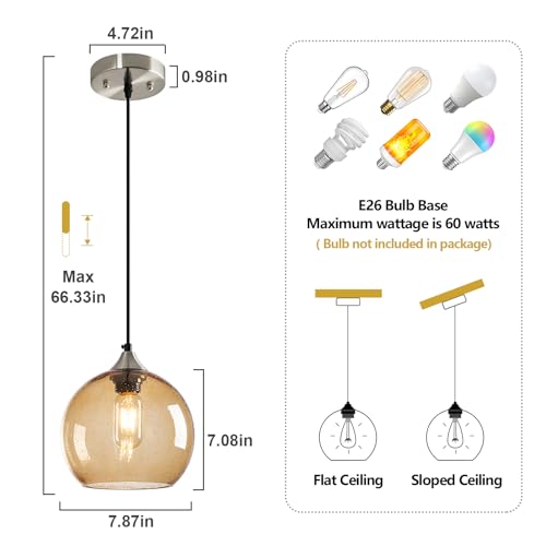 Light Brown Glass Pendant Lights Kitchen Island Lighting Globe Pendant Light Fixtures Modern Pendant Lighting for Bedroom Living Dining Room Light Fixture (3 Count)