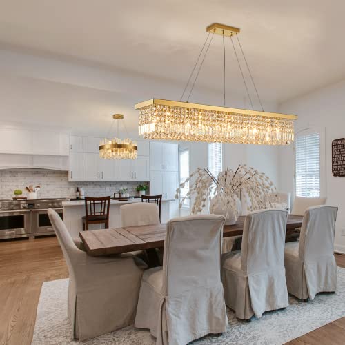 10 Light Rectangular Gold Crystal Chandelier for Dining Room L47''