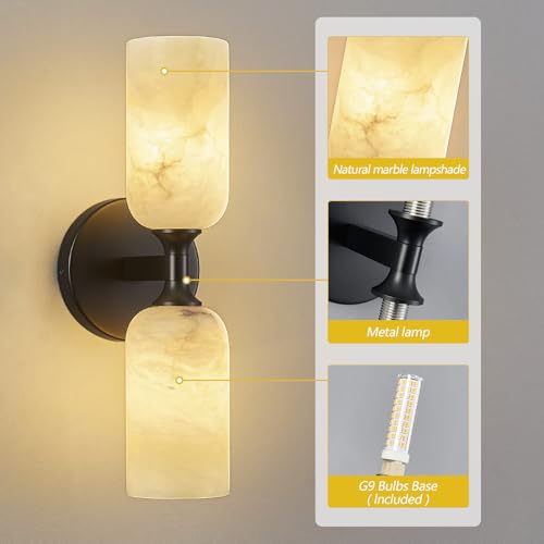 Natural Alabaster Wall Sconces Set of Two Modern Black Wall Lamp14in Milky White Alabaster Vanity Wall Lighting for Bedroom Bathroom Staircases Hallway（Included G9 Bulb） (2 Count)