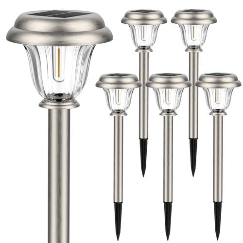 Solar Lights Outdoor Waterproof Stainless Steel Glass Solar Pathway Lights (6 Count)