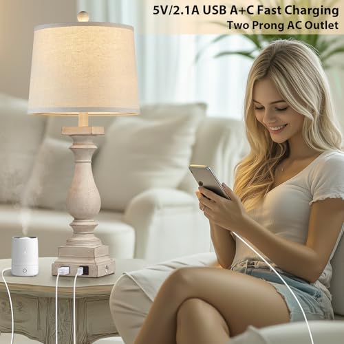 28" Tall Farmhouse Table Lamps with USB C+A Ports and AC Outlet