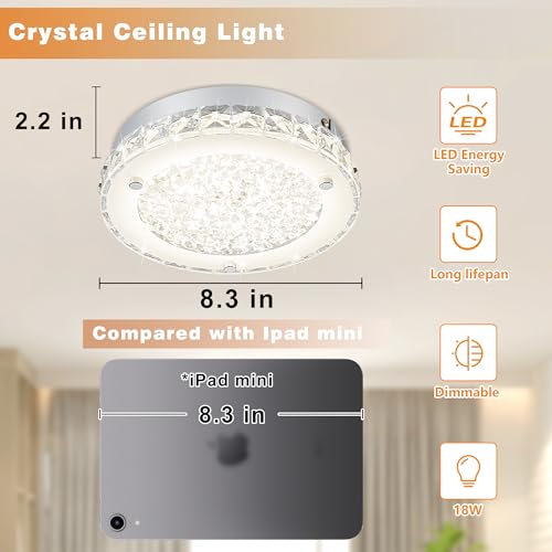 Modern Crystal Flush Mount Ceiling Light 4000K LED Flush Mount Crystal Ceiling Light Dimmable Small Chandelier for Closet Bathroom Staircase Dining Room Laundry Kitchen Foyer Hallway 8.3"