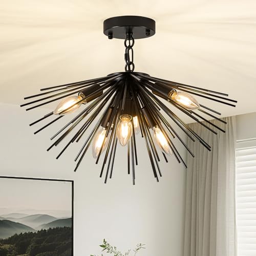 Black Sputnik Ceiling Light 6 Light Starburst Light Fixture Solid Metal