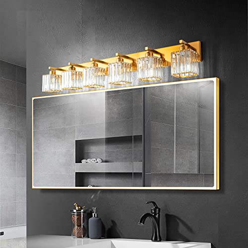 Modern 6 Light Gold Brushed Brass Finish Crystal Wall Light for Bathroom Vanity