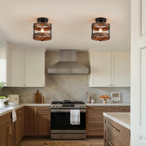 Rustic Farmhouse Wood Flush Mount Ceiling Light Fixture Oak Wood and Metal Round Cage Small Semi Flush Mount Ceiling Light for Kitchen Hallway Entry Bedroom Country Farmhouse