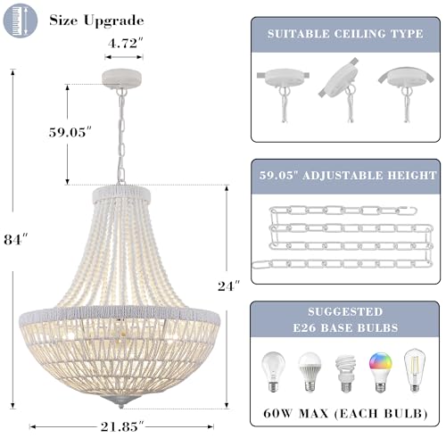 22" Boho Wood Beaded Chandelier Farmhouse Rattan Pendant Light Fixtures Bohemia Large Rattan Chandeliers for Dining Room Living Room Kitchen Island Entryway Foyer