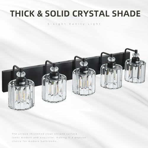 5 Light Black Bathroom Light Fixtures Over Mirror Modern Vanity Lights Crystal Wall Sconce Vintage Bathroom Lighting with Crystal Shade E26 Base for Bedroom