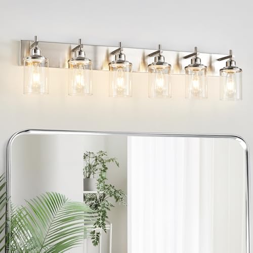 6 Light Brushed Nickel Bathroom Light Fixture Over Mirror Modern Bathroom Vanity Light Vintage Wall Lighting with Clear Glass Shade for Bathroom (6 Count)