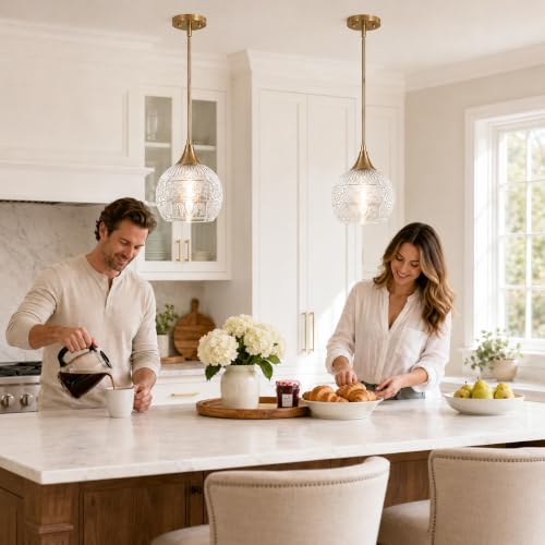 DSMJFU Gold Vintage Glass Pendant Lights for Kitchen Island (2 Count)