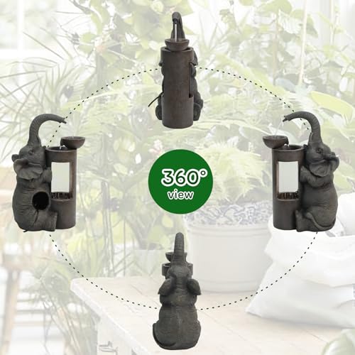Elephant Waterfall Fountain for Indoor Desktop & Outdoor Use Small Garden Water Feature with LED Light Quiet Mini Cute Table Water Fountains for Patio